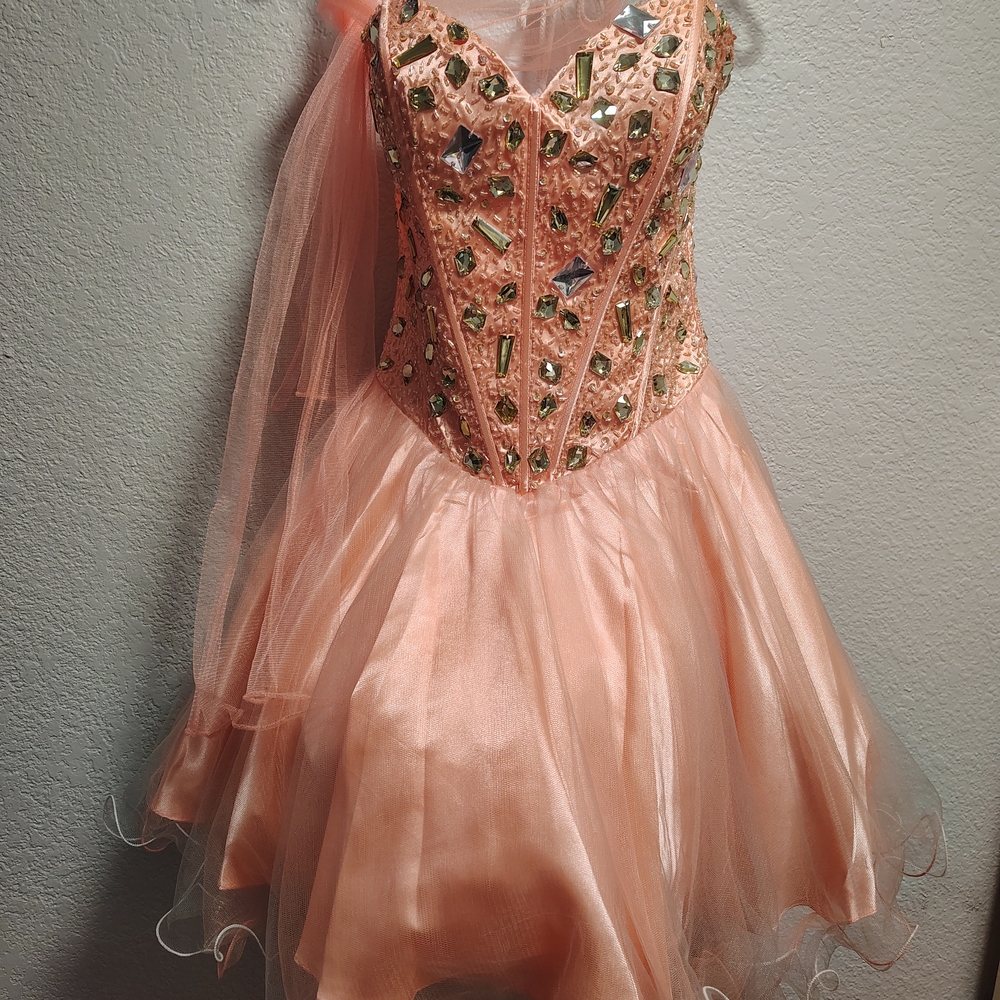Chic Peach Gem-Studded Dance Costume
